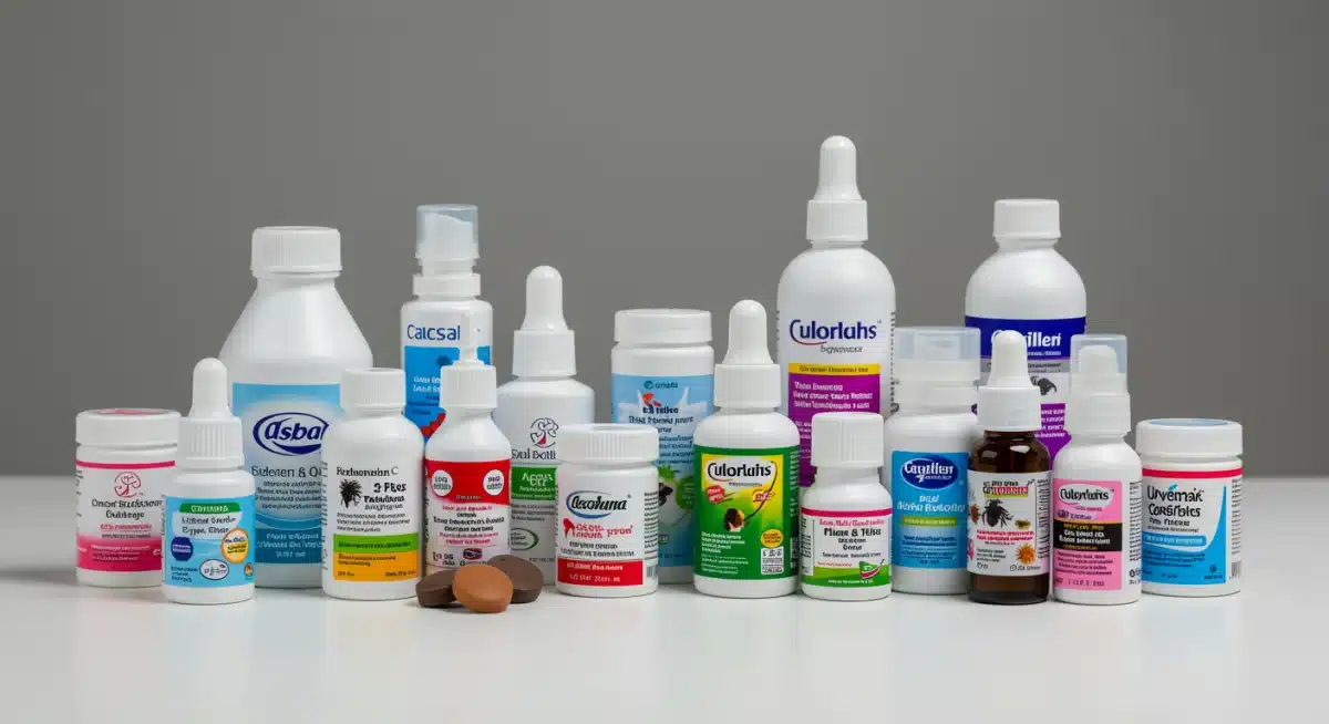 Assortment of modern flea and tick prevention products for pets.