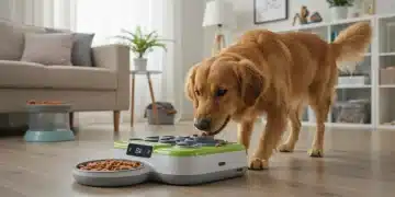 Golden Retriever playing with interactive puzzle feeder