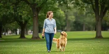 Golden retriever walking politely on leash with owner in US park