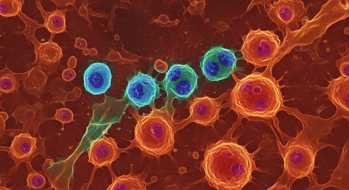 Microscopic view of immune cells fighting cancer cells, representing immunotherapy breakthroughs.