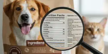 Magnifying glass over pet food label details