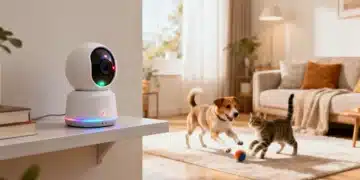 Modern pet camera monitoring a playful dog and cat in a living room