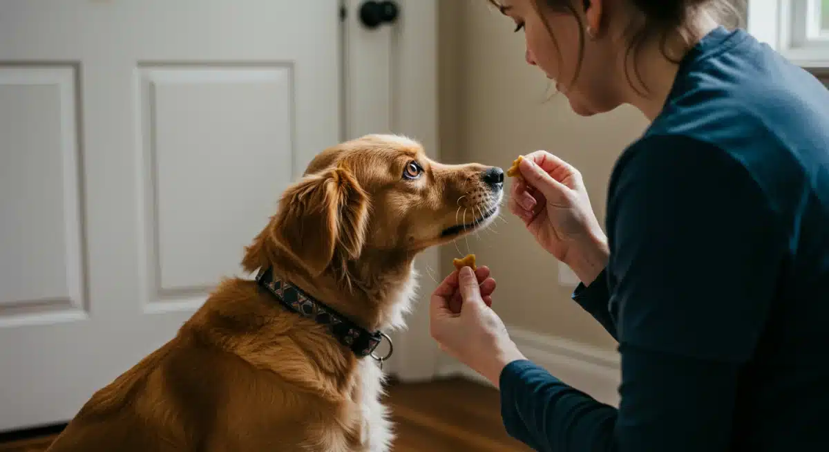 Pet owner practicing short departures with dog, positive reinforcement