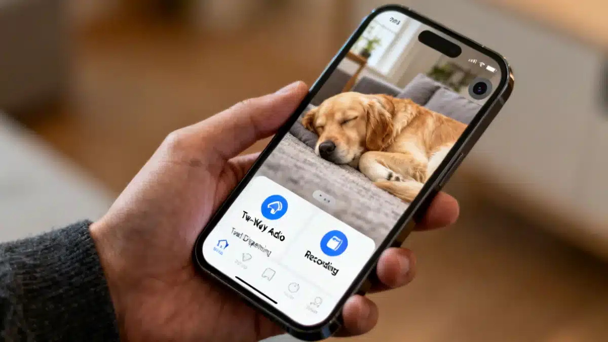 Smartphone displaying live HD feed from a pet camera with two-way audio options