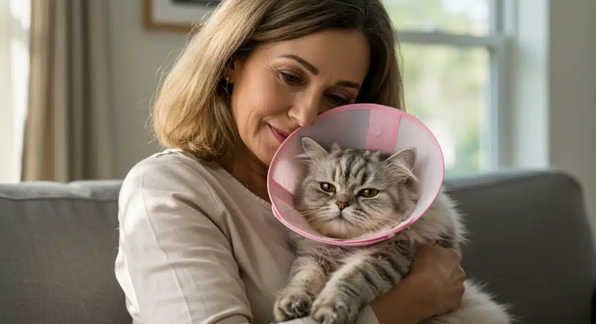 Pet owner comforting their cat during cancer treatment, emphasizing quality of life.