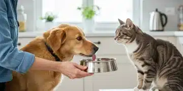 Pet owner offering water to dog and cat, emphasizing pet hydration