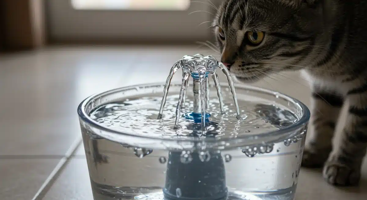 Pet water fountain encouraging cat to drink water