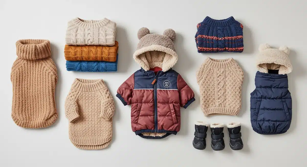 Assortment of pet winter clothing, sweaters, coats, and booties