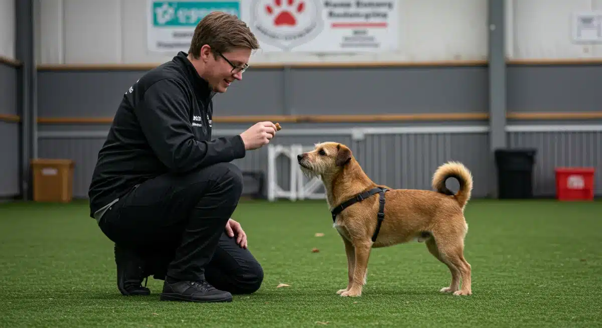 Dog trainer using positive reinforcement for barking issues