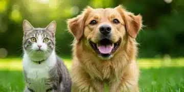 Happy dog and cat protected from fleas and ticks in a green garden.