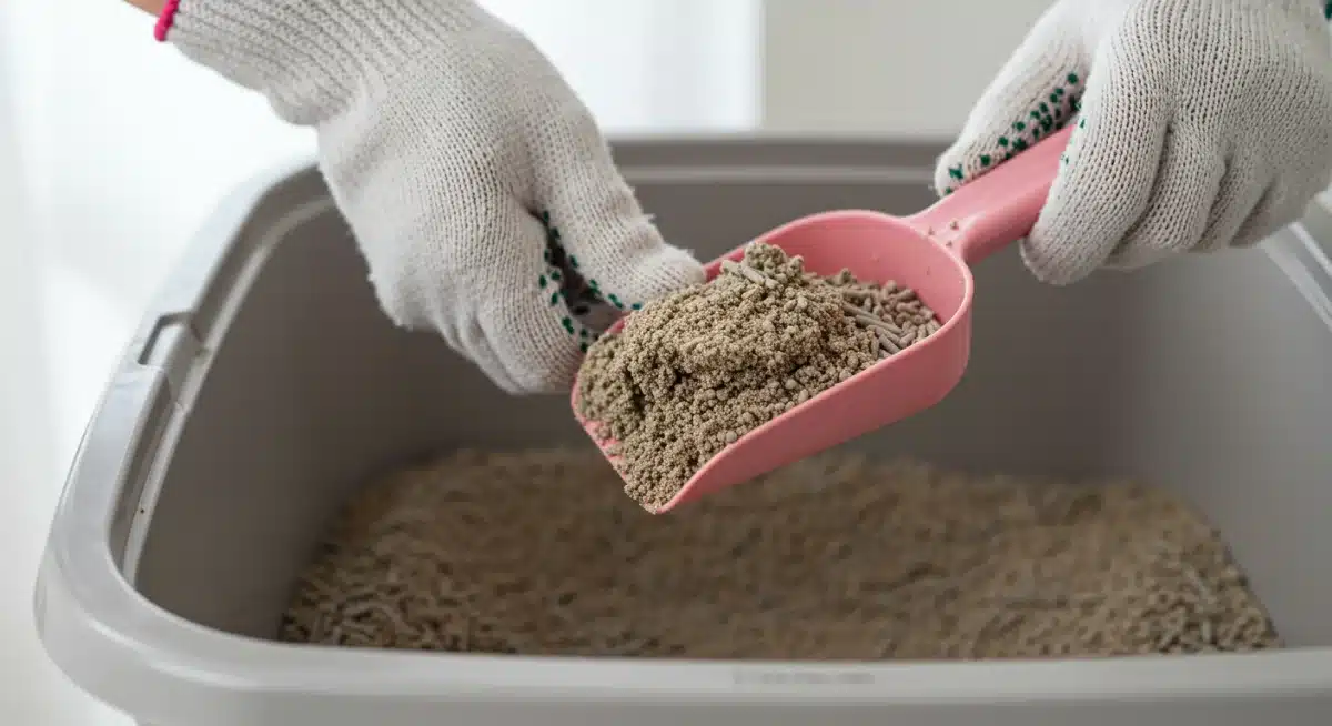 Hand scooping clumping eco-friendly cat litter, showing effective clumping.