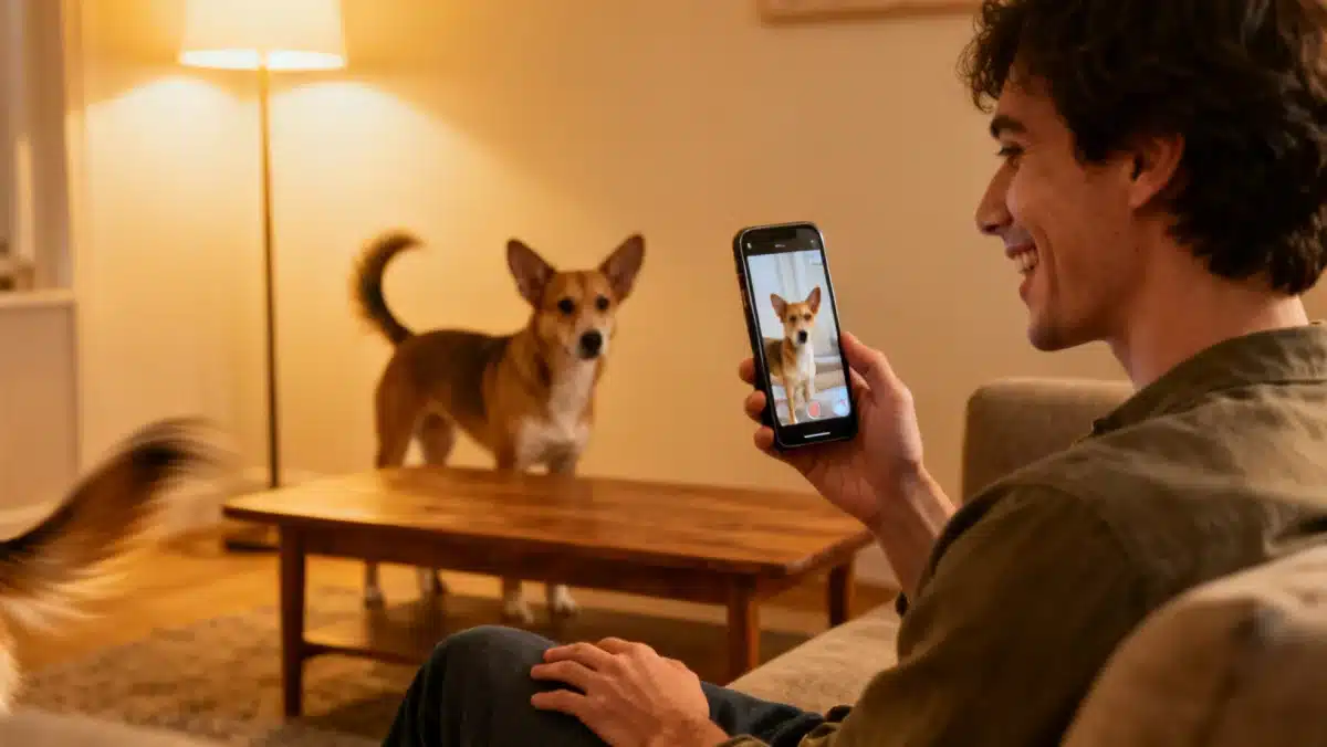 Pet owner using two-way audio on a pet camera to talk to their dog
