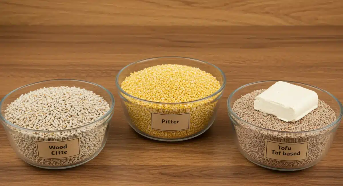 Variety of eco-friendly cat litters: wood, corn, and tofu in glass bowls.