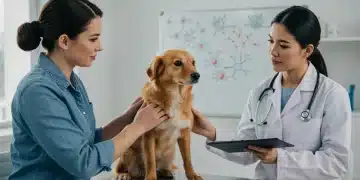 Veterinarian discussing new pet cancer treatment options with a pet owner and their dog.