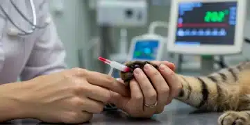 Veterinarian preparing a cat for blood sampling, focusing on professional care.