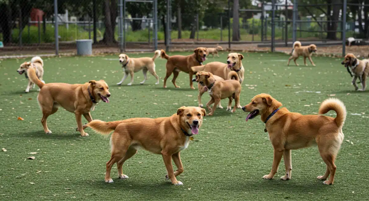 Happy dogs playing safely in a dog park