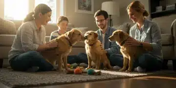 Family happily interacting with existing dog and new puppy in a harmonious living room setting.