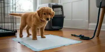 Golden Retriever puppy looking at a pee pad, ready for potty training