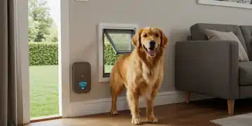Golden Retriever using a smart pet door to enter a modern home
