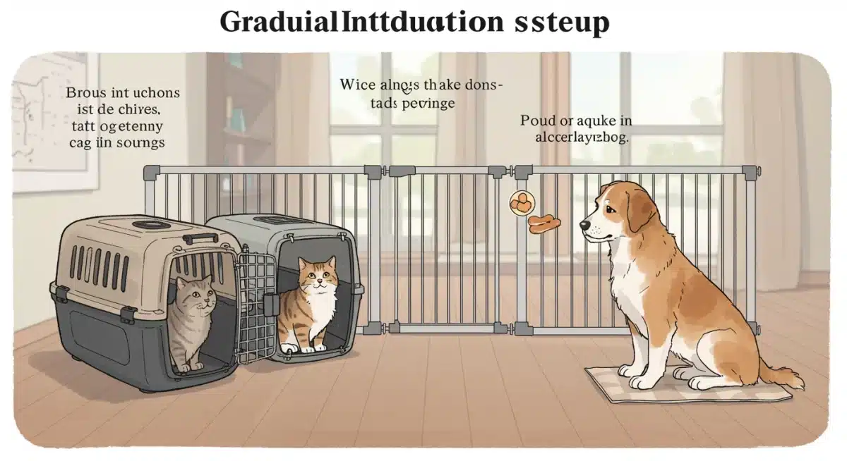 Gradual pet introduction setup with carriers and a baby gate for initial scent and sight exchange.