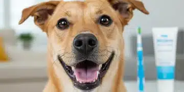 Happy dog with clean teeth and a pet toothbrush