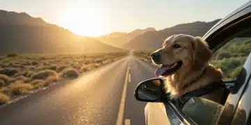 Happy golden retriever enjoying a scenic pet-friendly road trip in the USA.