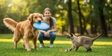 Happy dog and cat playing in park, promoting pet health
