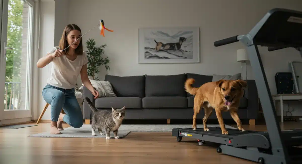 Pet owner playing with cat, dog on treadmill for exercise