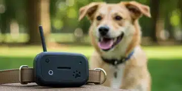 Modern pet GPS tracker on a dog collar in a park