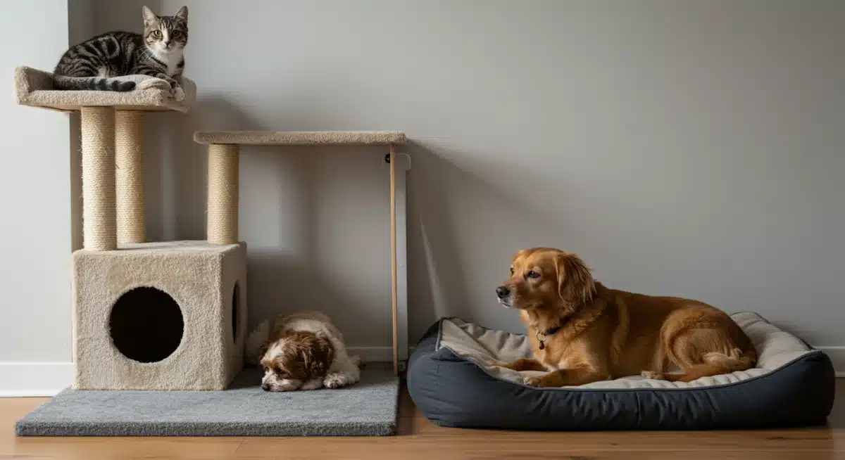 Calm cat on a cat tree and dog on a bed in the same room, demonstrating peaceful coexistence.