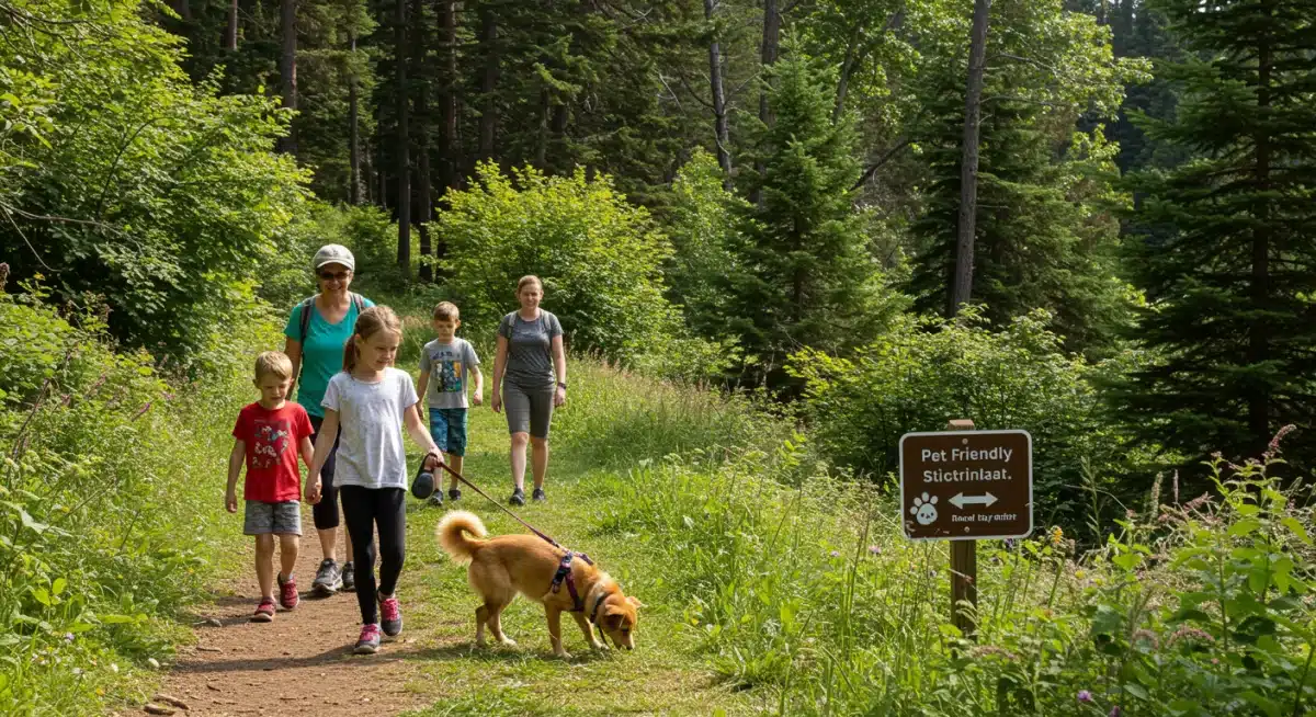Family and dog enjoying a pet-friendly national park trail.