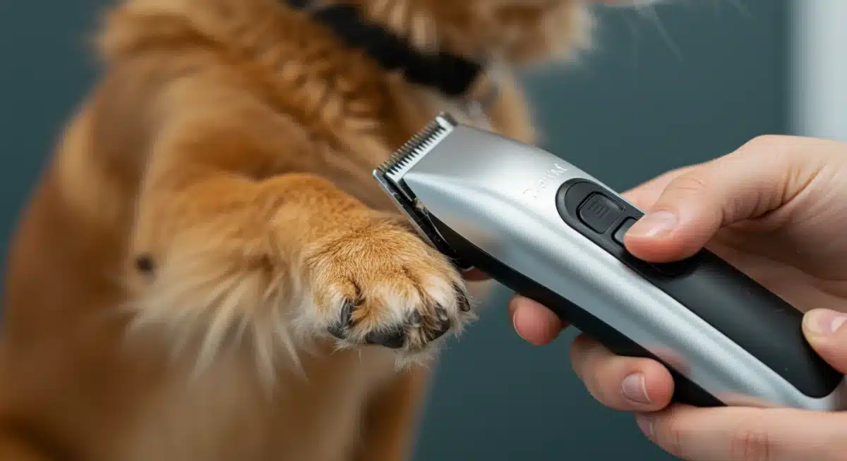 Silent cordless pet hair clipper being used on a dog's paw for precise grooming