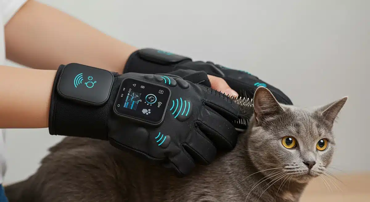 Smart pet grooming glove with integrated sensors being used on a short-haired cat