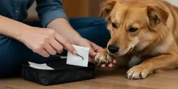 Pet owner treating a minor paw injury with first aid supplies.