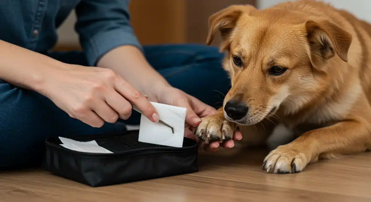 Pet owner treating a minor paw injury with first aid supplies.
