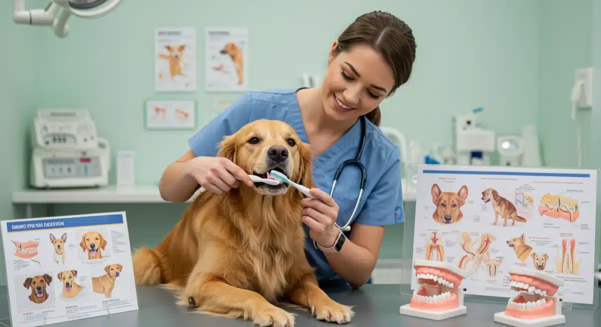 Veterinarian brushing a dog's teeth with a finger brush