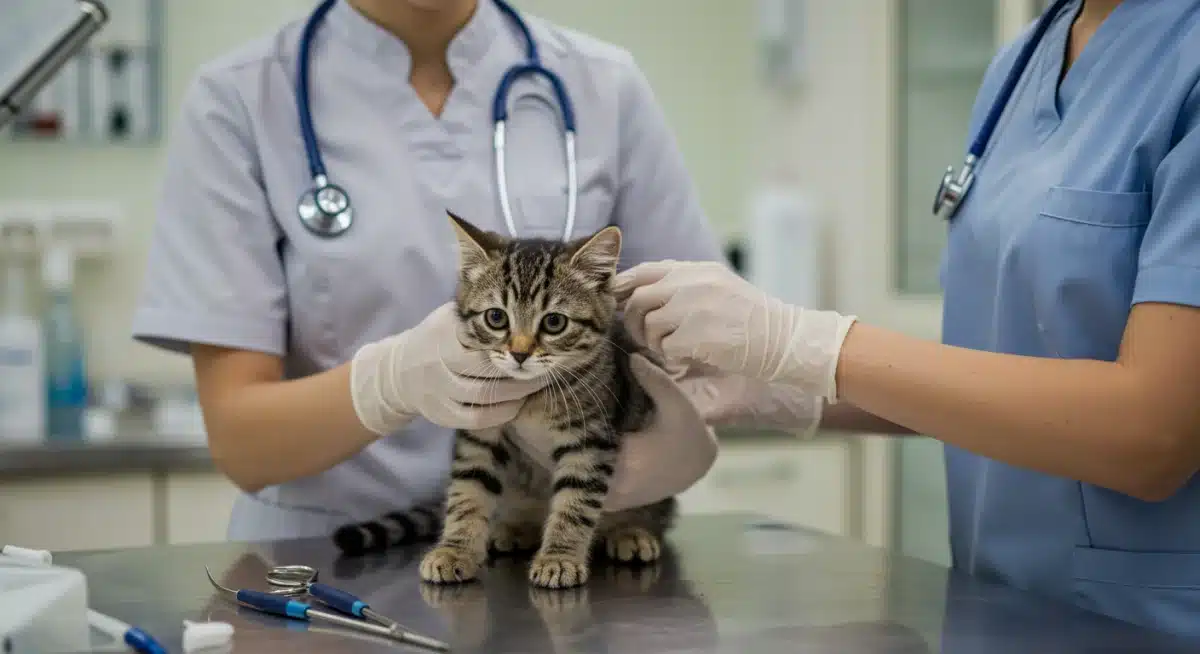 Veterinarian performing a pre-travel health check on a calm cat.