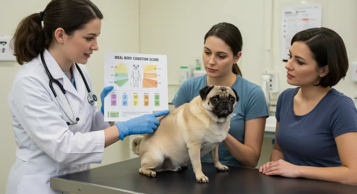 Veterinarian explaining pet body condition to owner