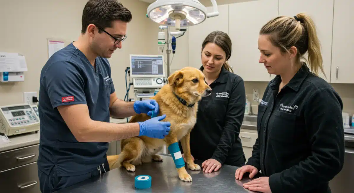 Veterinarian demonstrating proper pet bandaging techniques.