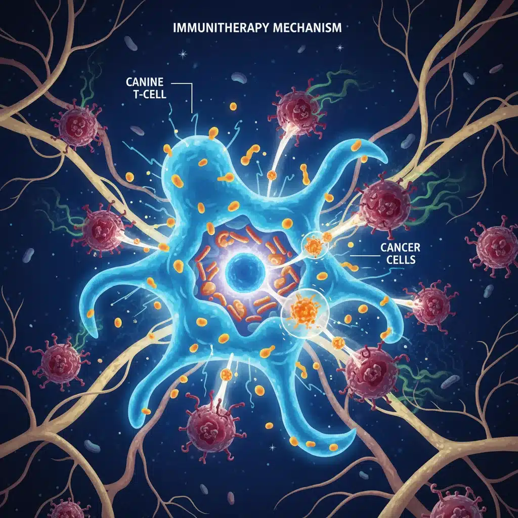 Illustration of canine immune cell targeting cancer cells, depicting immunotherapy in pets.