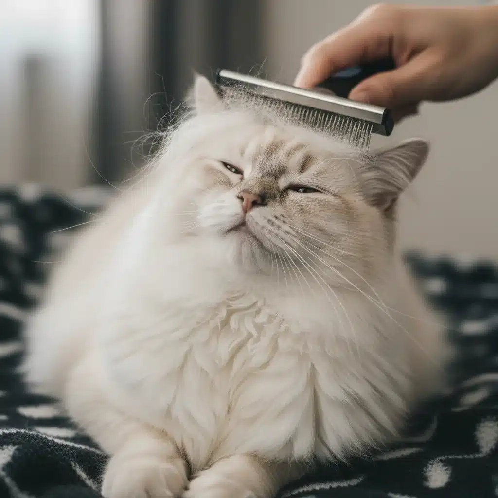 Person brushing fluffy cat with de-shedding tool