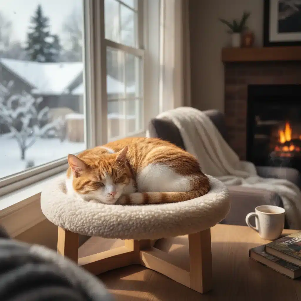 Content cat sleeping on a warm, elevated bed by a window, highlighting indoor pet comfort.