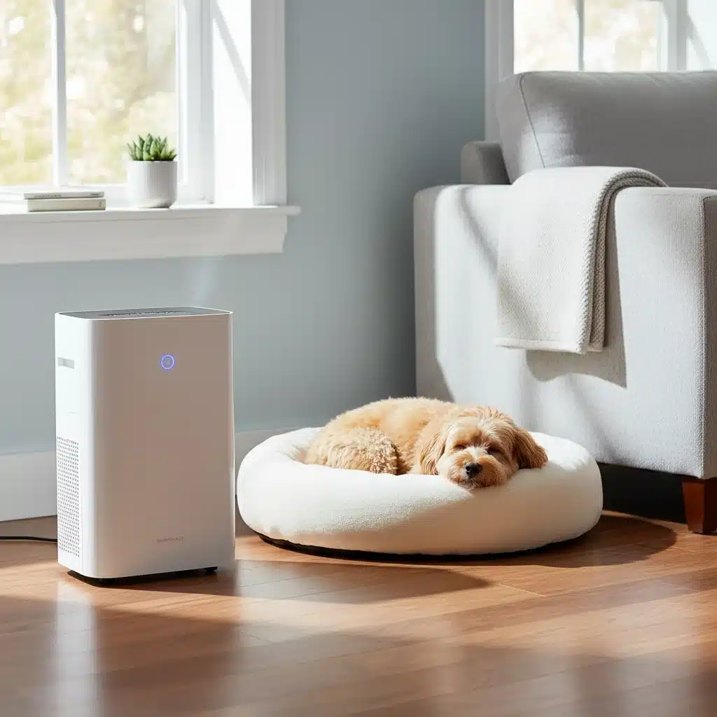 Clean home interior with air purifier and relaxed dog, showing allergy management.