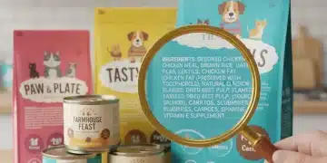 Woman examining pet food label with magnifying glass