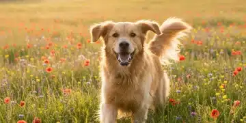 Golden retriever playing in a field of flowers, symbolizing seasonal pet allergies.