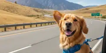 Golden retriever happily looking out car window on a road trip