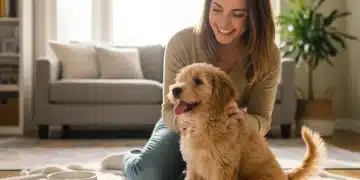 Happy new pet owner petting a small fluffy puppy during its first weeks home
