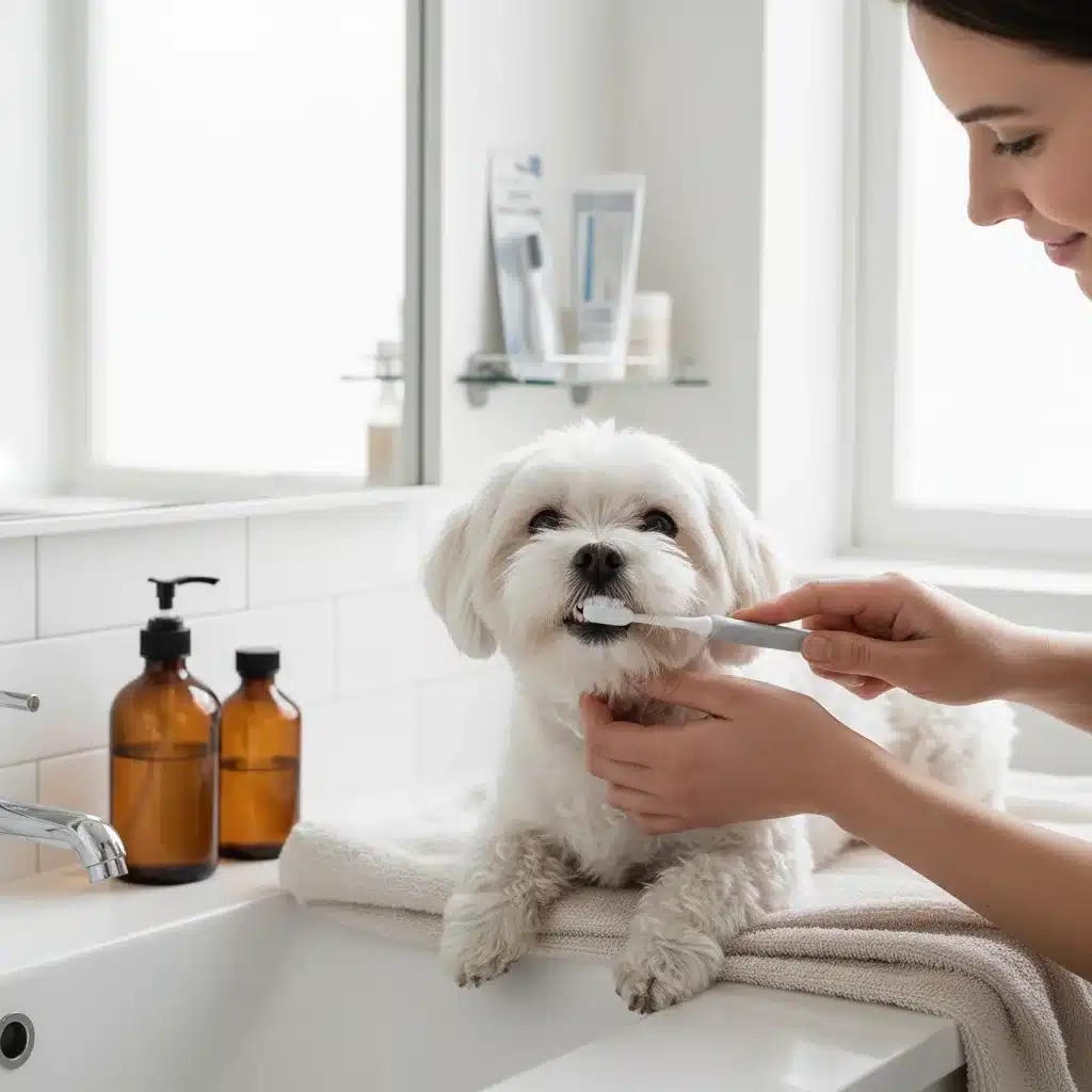 Owner brushing small dog's teeth, demonstrating home dental care