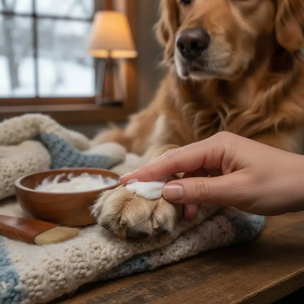 Human hand applying paw balm to a dog's paw for winter protection.