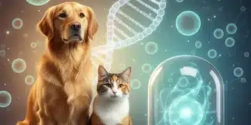 Golden retriever and calico cat with futuristic medical device, symbolizing advanced pet cancer treatment research.